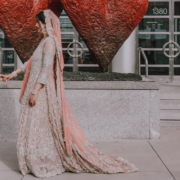 Indian Pakistani Bridal Wedding Long Gown Dress in Light Pink and Peach Pink - Picture 2 of 10